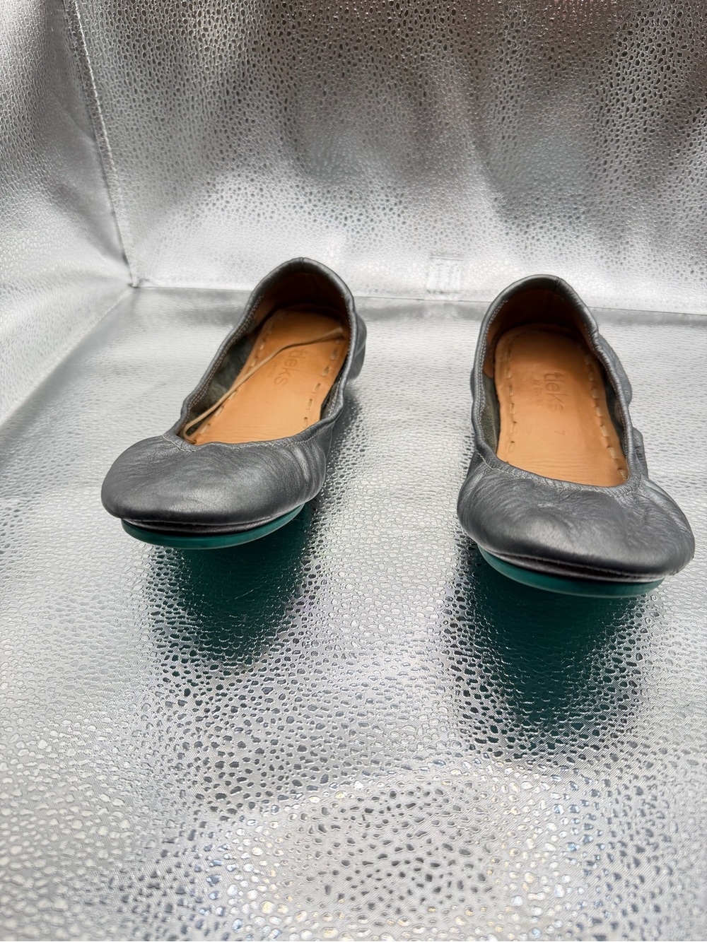 Tieks Gray Leather Ballet Flats with Teal Soles